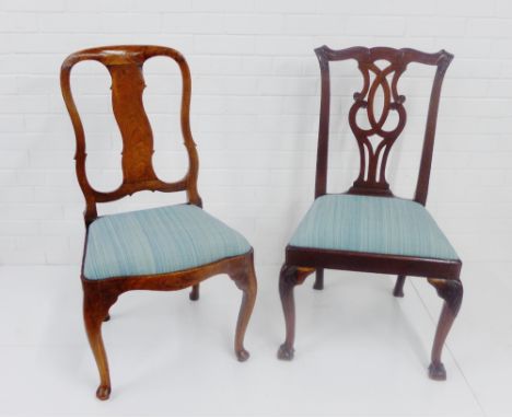 A mahogany Chippendale style chair with interlaced splat back and upholstered seat together with a walnut Queen Anne splat st