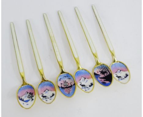 A set of six Norwegian silver gilt and enamel teaspoons, each with white guilloche stem and a Nordic scene to the bowls, stam