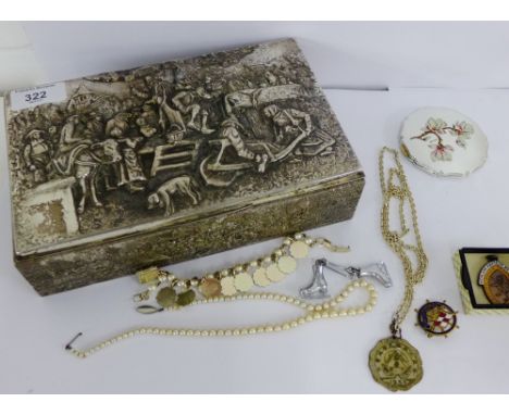 A silver plated box with embossed figures at market scene 23 x 14cm, containing a small selection of vintage costume jeweller