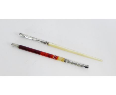 Two early 20th century silver mounted pen holders to include one with mother of pearl stem and the other with red agate (2) 