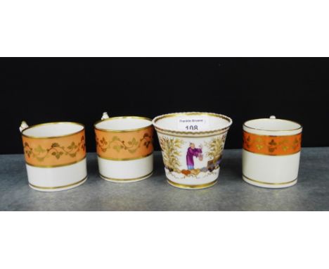 A Chamberlains Worcester gadrooned cup, painted with Chinese figure pattern, together with a group of three Worcester coffee 