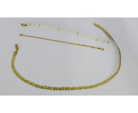 A 9ct two colour gold necklace, together with a 9ct gold three colour gold bracelet and pearl bracelet with 9ct gold clasp, (