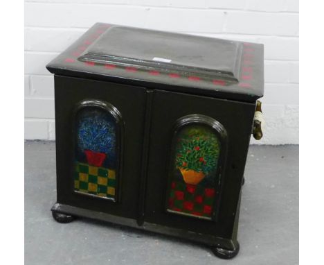A green painted metal coal bucket with ceramic handles to side and on four bun feet, 46 x 42cm