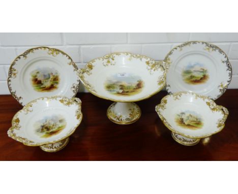 A porcelain dessert service painted with topographical patterns of various scenes, hand painted, with gilt edged rims and fru