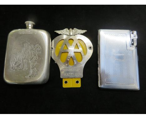 Golfing flask, AA badge &amp; art deco cigarette case &amp; lighter 