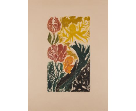 δ Ken Kiff (1935-2001)Woman, Waves and Flowers; Green FlowerTwo woodcuts printed in colours, 1991, both signed in pencil, the