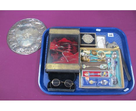 Assorted Souvenir Teaspoons, glove stretchers, Oriental lacquer jewellery box, antique spectacles in a case, tie slide, vinta