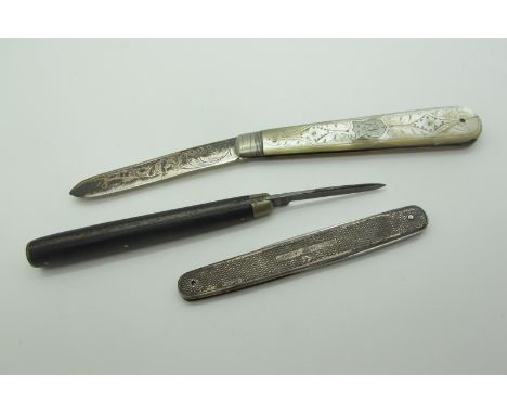 A Hallmarked Silver and Mother of Pearl Single Blade Folding Fruit Knife, with decorative scales (cracked); a hallmarked silv