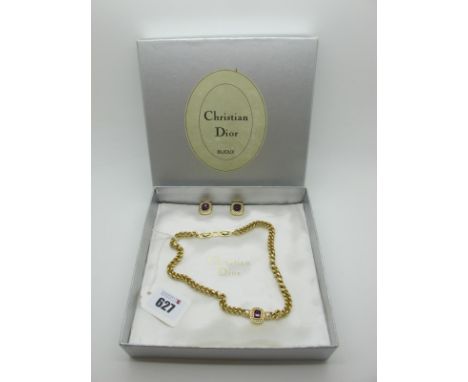 Christian Dior; A Curb Link Necklace, with central rectangular cluster, clasp stamped "Chr.Dior"; together with pair of match
