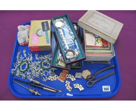 Novelty 'Bentley 1929' Thermometers, boxed; vintage bead candlestick decorations, vintage beaded jug cover, 'The Dainty Serie