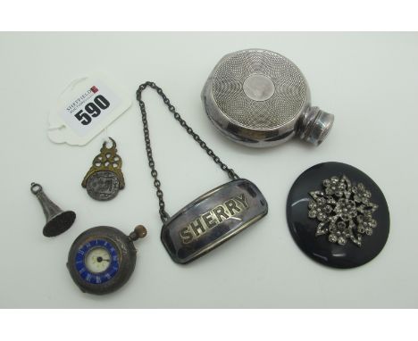  Fob Watch, (damages / incomplete), a small 11/2oz plated hip flask, swivel seal fob pendant, 'Sherry' decanter label, etc. 