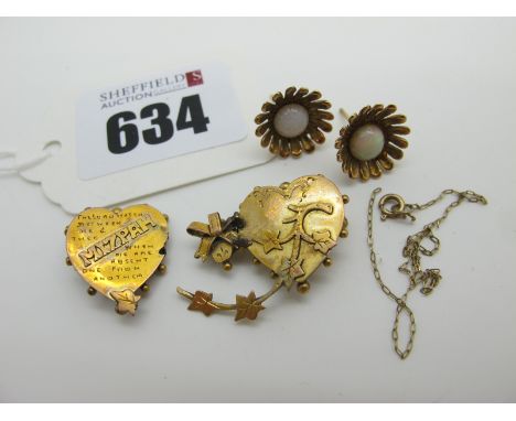 A Pair of 9ct Gold Opal Stud Earrings, of flowerhead design, together with a 'Mizpah' Brooch (damaged / incomplete). 