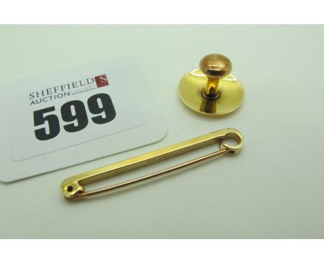 A Gent's Dress Stud, stamped "18ct" (1.8grams); A Tie Pin / Bar Brooch, stamped "9ct" (1.8grams). (2) 