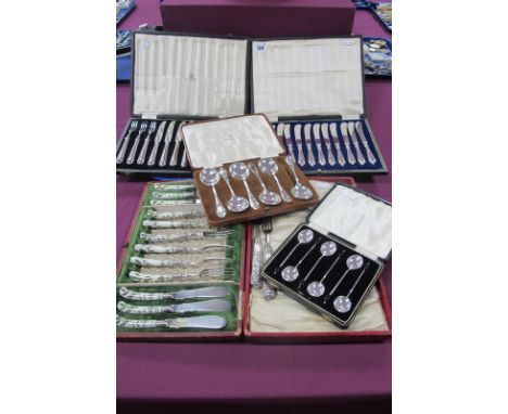 A Set of Six Hallmarked Silver Coffee Bean Coffee Spoons, in original fitted case, together with a decorative set of six cera