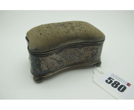 A Hallmarked Silver Mounted Trinket Box, of shaped design, plush lined with pincushion type top (worn), on four bun feet, 7.8