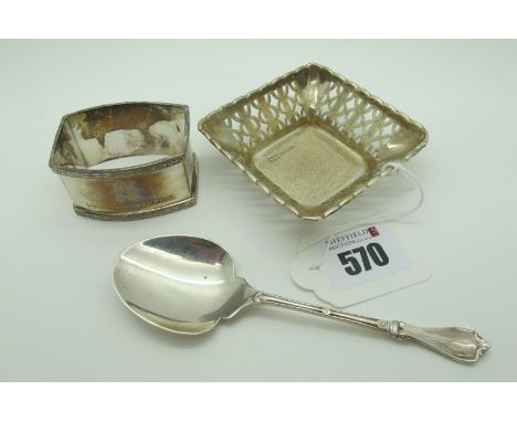 A Hallmarked Silver Trinket Dish, of pierced design; together with a hallmarked silver preserve spoon and a hallmarked silver