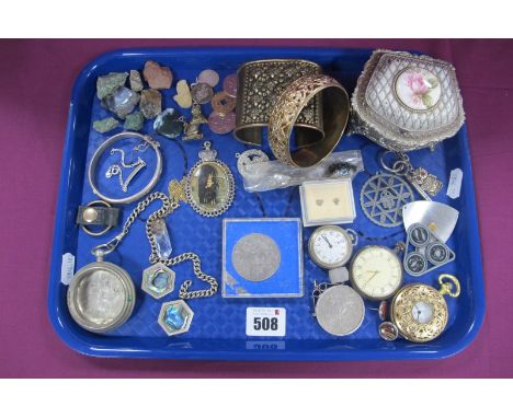 Coins, pocket watches, pocketwatch case, hallmarked silver and other bangles, trinket box, earrings etc :- One Tray 