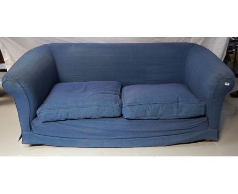 MINTY BUCKINGHAM TWO SEAT SOFA
with a low back and scroll arms, with two loose cushions and a blue loose cover, standing on l