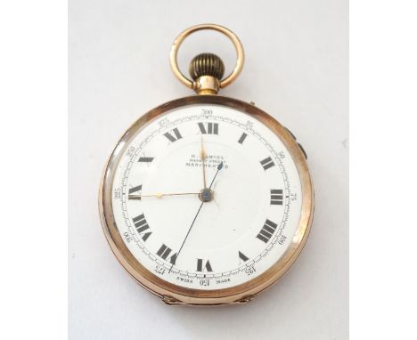 TWELVE CARAT GOLD CASED POCKET WATCH
the white enamel dial marked 'H. Samuel. Market Street. Manchester' and set with Roman n