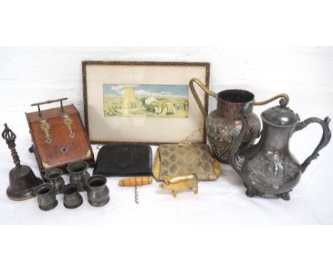 LOT OF COLLECTABLES
including a brass bound oak miniature coal scuttle with bone handled scoop; two wooden handled corkscrews