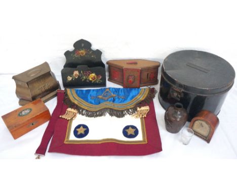 LOT OF COLLECTABLES
comprising a Mason's apron embroidered Lodge No. 347, a Victorian ebonised letter rack, a circular Japann