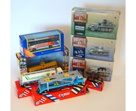 SMALL COLLECTION OF CORGI BOXED MODEL VEHICLES
'Blackpool Brush Railcoach Fleetwood Market', 'Plaxton Paramount - Stagecoach'