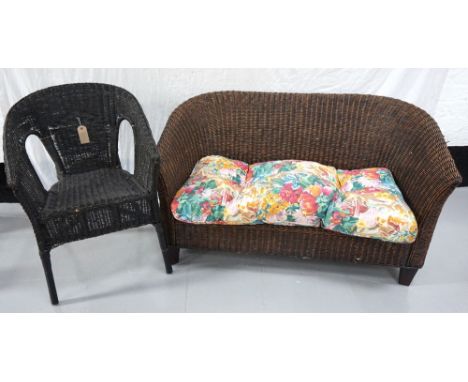 CANED CONSERVATORY SOFA
with shaped back and arms standing on shaped supports, together with a caned shaped armchair standing