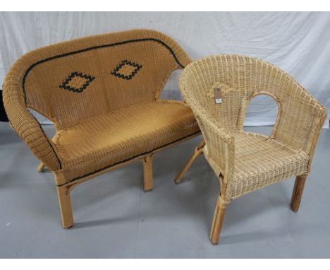 PLASTIC CANED CONSERVATORY SOFA 
with a shaped back and arms with inset geometric shapes, together with a cream caned armchai