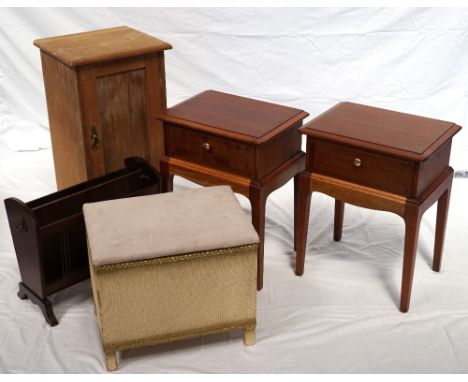 LIGHT OAK BEDSIDE CUPBOARD
with a paneled door; a pair of mahogany bedside tables with shaped tops above a singe drawer, stan