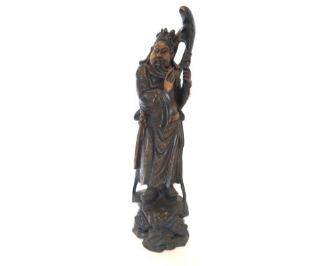 19th CENTURY CHINESE CARVED ROOTWOOD FIGURE OF GENERAL GUAN YU
with decorative wire inlay to robes and sword scabbard, raised