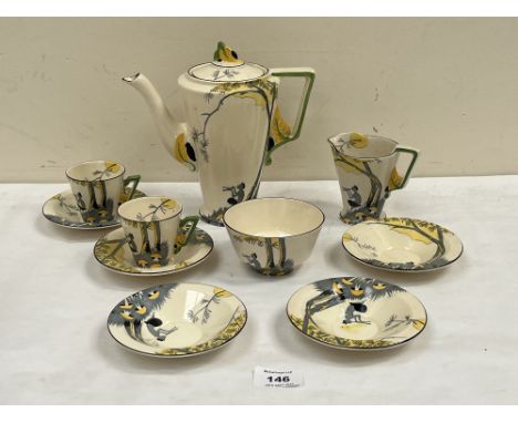 A 1930s Art-Deco Burleigh Ware 'Pan' Zenith shaped coffee service of ten pieces.