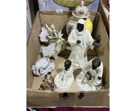 Three Mintons figures and other ceramics. The larger figure damaged.