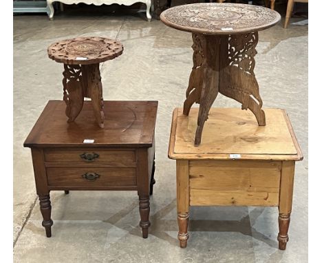A Victorian pine commode, a mahogany example and two Indian carved occasional tables (4).