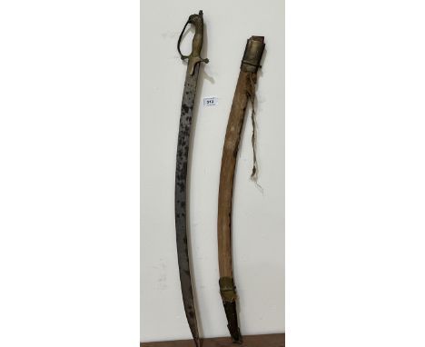 An Indian Tulwar type sabre with wood and brass mounted scabbard. 36" long.