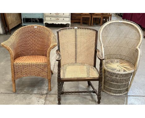 A bobbin turned bergere armchair, a cane conservatory chair and a 'peacock' chair. (3)