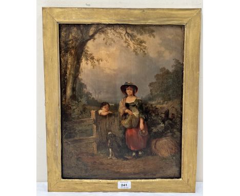 WILLIAM SHAYER. BRITISH 1787-1879. Figures and a dog by a gate. Oil on board, 17" x 13¾".