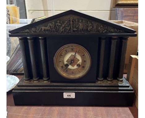 A French slate architectural cased mantle clock. 16" wide.