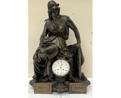 A 19th Century French speltar mantle clock, modelled as the seated figure of Athena. Brass rack striking drum movement. 25" h