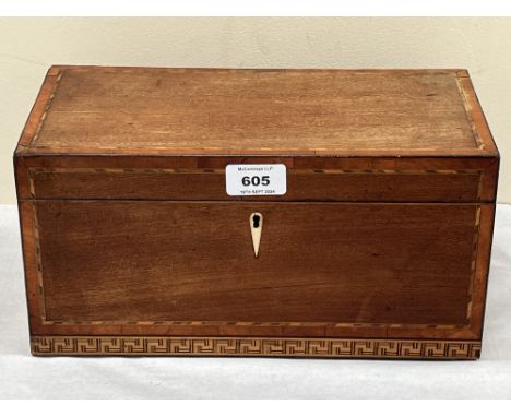 A Victorian mahogany, inlaid and satinwood banded tea caddy. 12" wide.