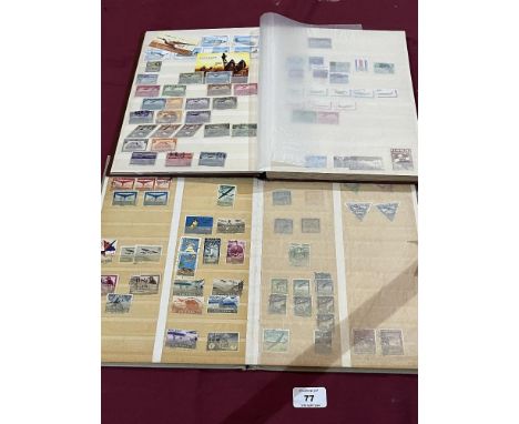 A box of airmail envelopes with stamps and first flight cancellations (some showing flights out and return) with two albums o