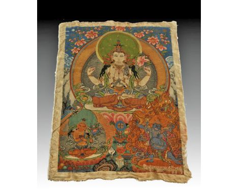 Tibet, late 19th to early 20th c. CE. An embroidered silk thangka painstakingly created with a very fine "Dazi" stitch (also 