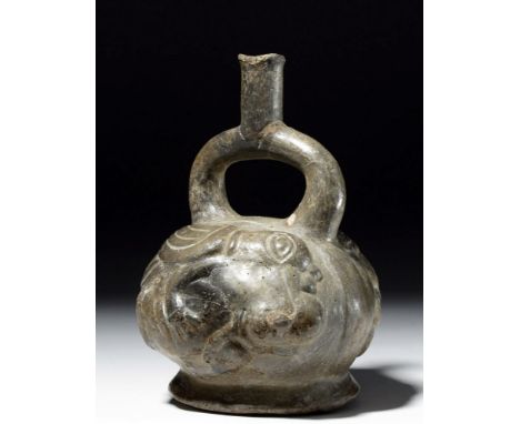Pre-Columbian, Peru, Moche III, ca. 200 to 500 CE. A mold-made greyware stirrup vessel with matching relief scenes depicting 