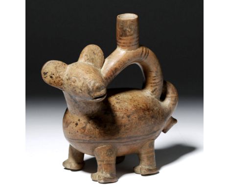 Pre-Columbian, northern highlands of Peru, Recuay culture, ca. 200 to 600 CE. A charming stirrup vessel with a long, narrow s