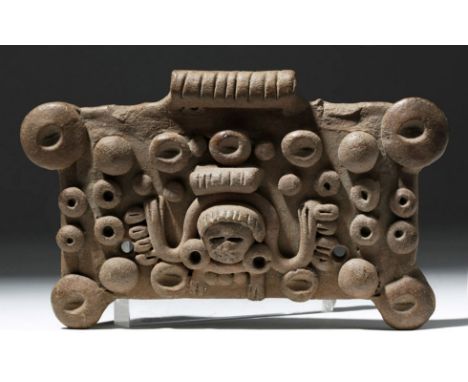 Pre-Columbian, Maya Territories, ca. 200 to 900 CE. An amazing pectoral, made of a slab of brownware with applied brownware d