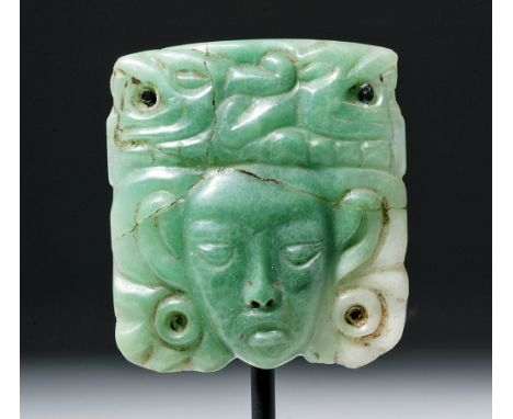 Pre-Columbian, Guatemala, ca. 550 to 800 CE.  An absolutely superb Mayan jade carving using some of the most desirable jade i