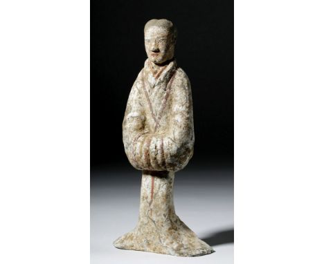 China, Han Dynasty, ca. 206 BCE to 220 CE. A wonderfully preserved example of a tomb attendant. Mold made, with details all t