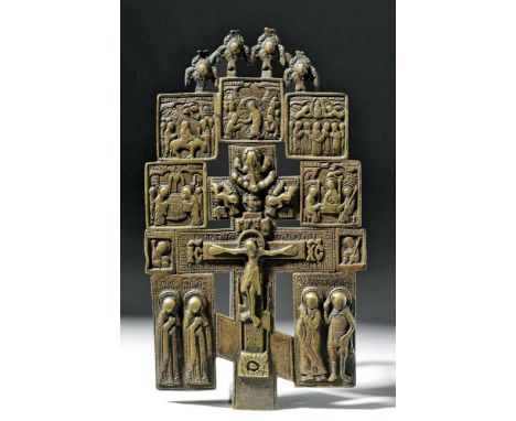 Russia, ca. 18th century CE. A beautiful cast brass piece depicting a Crucifix above the skull on a hill representing Golgoth