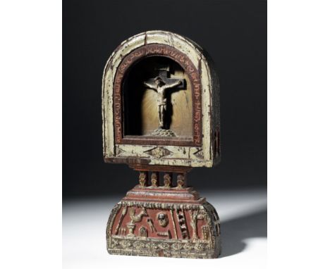 Western Europe, Spain, late 18th to early 19th century CE. A fascinating wooden crucifix scene set inside of a frame with an 