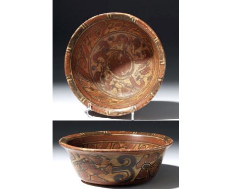 Pre-Columbian, Honduras/El Salvador, Mayan Copador, ca. 550 to 900 CE. A trio of seated scribes or lords, sitting against bac