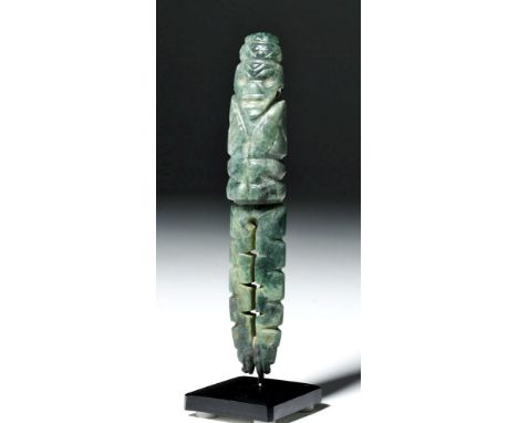 Pre-Columbian, Costa Rica, ca. 400 to 100 BCE. A wonderfully carved ceremonial hand axe, in a blue-green stone. The level of 
